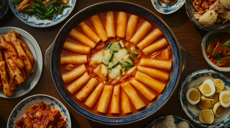A visually appealing photo showcasing a vibrant plate of tteokbokki surrounded by an array of traditional Korean side dishes, perfect for food lovers and cultural enthusiasts.の素材
