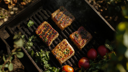 Fresh fish and ripe tomatoes sizzle on a grill, surrounded by fragrant herbs in a sunlit garden. Perfect for showcasing outdoor cooking and healthy meals.の素材