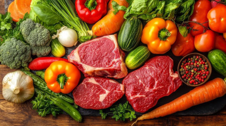 A vibrant display of fresh vegetables such as peppers, carrots, and cucumbers paired with quality cuts of red meat, ideal for healthy cooking and meal preparation at home.の素材