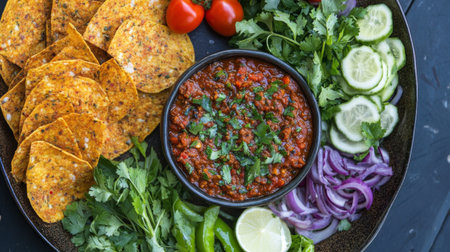 A vibrant arrangement of tortilla chips served with spicy salsa, fresh vegetables, and herbs creates a delightful and inviting snack perfect for sharing at any gathering.の素材