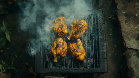 Indulge in the sight of juicy grilled chicken sizzling on a charcoal grill, enveloped in smoky aroma, perfect for outdoor cooking dreams and culinary inspiration.の素材