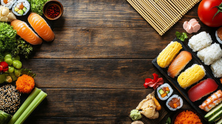 A beautifully arranged sushi platter featuring fresh fish, colorful vegetables, and garnishes on a rustic wooden table, perfect for food lovers and culinary enthusiasts.の素材