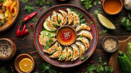 A beautiful presentation of dumplings garnished with fresh herbs and accompanied by a spicy dipping sauce, perfect for showcasing delicious cuisine on a rustic wooden table.の素材