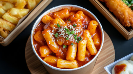This vibrant pasta bowl features spicy sauce, garnished with sesame seeds and green onions, served alongside crispy fries in a modern takeaway style.の素材