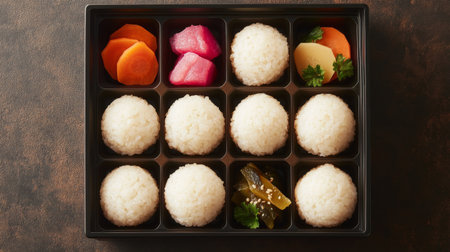 A visually appealing arrangement of Japanese rice balls accompanied by vibrant pickled vegetables in a stylish black tray, ideal for showcasing traditional cuisine.の素材