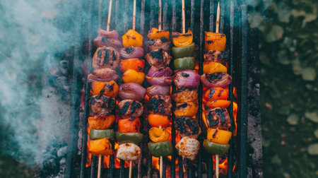 Enjoy a vibrant display of grilled skewers featuring assorted vegetables and marinated meat on a barbecue, perfect for summer gatherings and outdoor celebrations.の素材