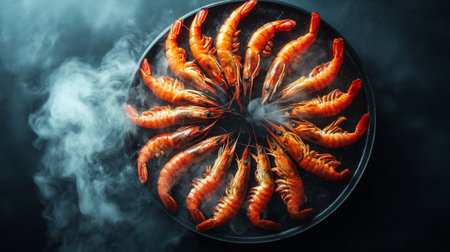 Experience the allure of perfectly grilled prawns arranged in a stunning circular design, evoking a sense of elegance and delectable flavors amidst captivating smoke.の素材