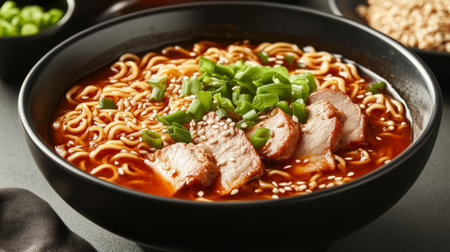 Enjoy a steaming bowl of spicy ramen noodles topped with tender pork and fresh green onions, garnished with sesame seeds, perfect for a cozy meal.の素材