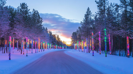 A beautiful winter road surrounded by snow-covered trees adorned with colorful lights. This serene landscape captures the essence of the holiday season at dusk.の素材