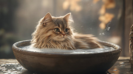 A serene scene featuring a fluffy cat enjoying a bath in a rustic bowl, bathed in warm natural light, capturing the essence of comfort and tranquility in a cozy environment.の素材