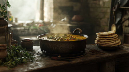 A cozy kitchen scene featuring a simmering pot of curry and a stack of fresh bread, surrounded by herbs and spices, creating a warm and inviting atmosphere.の素材
