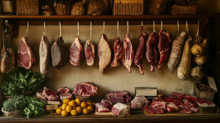 A beautiful array of fresh meats hanging in a butcher shop, showcasing various cuts. The rustic backdrop enhances the culinary experience with fresh produce on display.の素材
