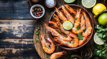 A stunning display of freshly cooked shrimp arranged on a wooden platter, accented with slices of lemon and lime, fresh herbs, and an assortment of spices ideal for a seafood feast.の素材