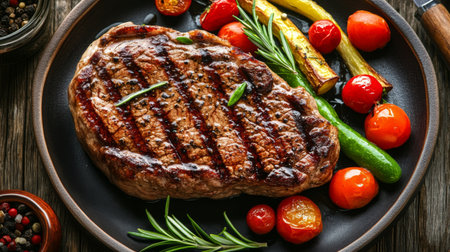 A beautifully grilled steak served on a rustic plate with fresh vegetables and vibrant herbs. Perfect for food lovers and culinary enthusiasts seeking inspiration in their cooking.の素材