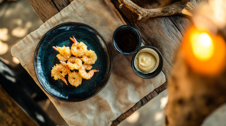 Freshly grilled shrimp served with a creamy dipping sauce on a rustic wooden table, creating an inviting and cozy dining experience for seafood lovers.の素材