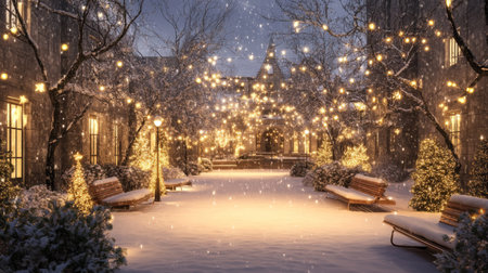 A beautiful winter courtyard scene capturing the essence of the season with softly falling snow and warm twinkling lights creating a magical atmosphere.の素材