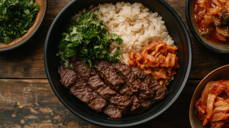 A delicious Korean beef bowl featuring tender slices of meat, fluffy rice, fresh herbs, and spicy kimchi, served on a rustic wooden table for an inviting meal experience.の素材