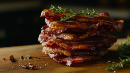A mouthwatering stack of crispy bacon layered with fresh thyme, presented on a rustic wooden cutting board, ideal for culinary inspiration and food photography.の素材