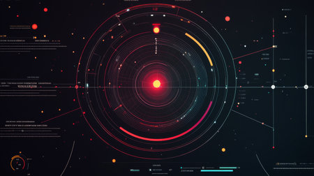 A captivating abstract digital illustration showcasing a futuristic orbit visualization, filled with vibrant colors and intricate data points against a dark backdrop, ideal for technology themes.の素材