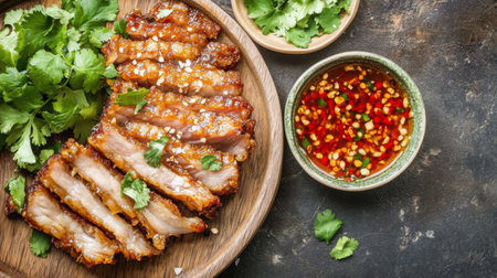 Savor the delightful combination of crispy grilled pork belly and fresh cilantro, accompanied by a spicy dipping sauce for a rich culinary experience.の素材