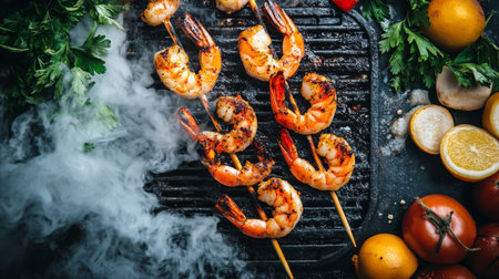 Juicy grilled shrimp skewers on a barbecue grill, accompanied by fresh vegetables and citrus fruits, creating an inviting scene of outdoor culinary creativity and delicious flavors.の素材