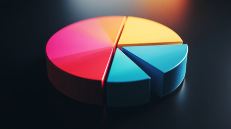 A vibrant 3D pie chart resting on a dark surface, illustrating data analysis and visualization concepts. Perfect for business presentations and statistical reports.の素材