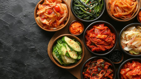 A visually appealing selection of Korean side dishes displayed in bowls, featuring vibrant colors and fresh vegetables, perfect for showcasing diverse culinary experiences.の素材