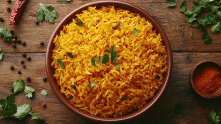 A stunning close-up of vibrant yellow rice garnished with fresh herbs, surrounded by spices on a rustic wooden table, ideal for showcasing delicious culinary preparations.の素材