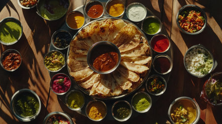 This stunning image captures a vibrant Indian meal with a variety of colorful dishes and sauces beautifully arranged on a wooden table, inviting exploration and enjoyment.の素材