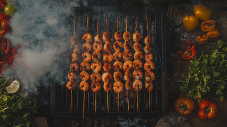 A vibrant scene showcasing grilled shrimp skewers on a hot charcoal grill, surrounded by fresh vegetables and herbs, perfect for summer barbecues and outdoor gatherings.の素材