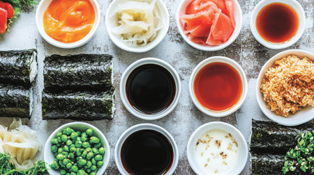 Vibrant and visually appealing display of fresh sushi ingredients and sauces invites culinary creativity, showcasing the beauty of Japanese cuisine with fresh vegetables and seafood.の素材