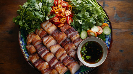 A beautifully arranged plate of grilled pork belly with fresh vegetables, vibrant herbs, and a zesty dipping sauce, perfect for food lovers and culinary enthusiasts.の素材