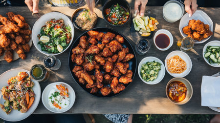 A stunning display of various Asian dishes is arranged beautifully on a rustic wooden table, showcasing crispy fried chicken and fresh salads, perfect for outdoor dining and gatherings.の素材