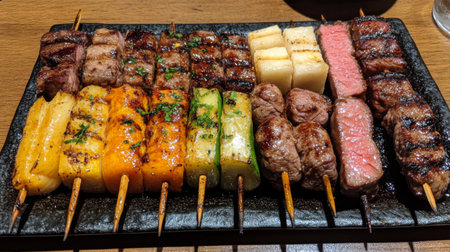 A vibrant platter of grilled skewers featuring a variety of meats and vegetables, perfect for showcasing culinary creativity and flavors in an enticing presentation.の素材