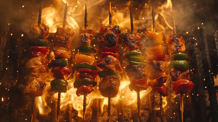 Juicy grilled chicken and colorful vegetable kebabs sizzle on skewers as they are enveloped by flames, creating an enticing outdoor barbecue scene filled with flavor and excitement.の素材
