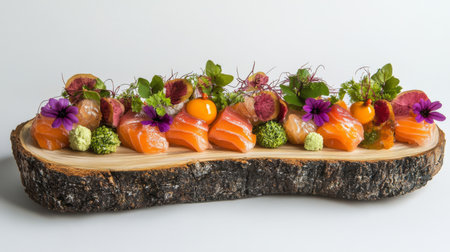 A stunning display of fresh sushi featuring salmon, colorful garnishes, edible flowers, and vibrant ingredients on a natural wood platter, perfect for gourmet dining experiences.の素材