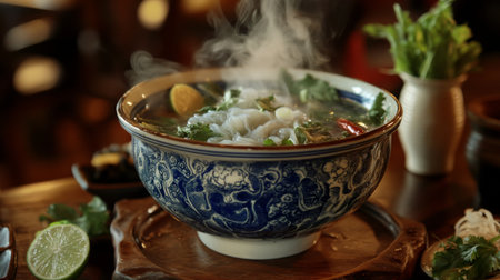 Enjoy a steaming bowl of aromatic Vietnamese pho soup featuring fresh herbs, zesty lime, and red chili peppers, perfect for a cozy dining experience.の素材
