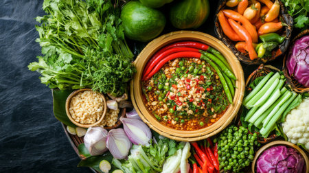A beautiful display of fresh vegetables with a spicy dipping sauce captures the essence of healthy eating and vibrant flavors, perfect for culinary inspiration.の素材