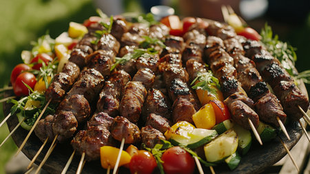 A beautifully arranged platter of grilled skewers featuring a mix of succulent meat and vibrant vegetables, perfect for outdoor events and summer barbecues.の素材