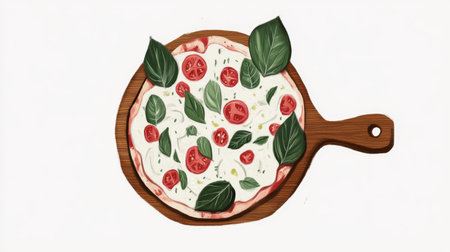 A beautifully illustrated pizza with fresh basil and ripe tomatoes on a wooden board, perfect for showcasing culinary art and food culture in vivid detail.の素材