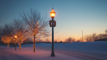 A serene winter evening scene showcasing snow-covered ground, illuminated street lamps adorned with wreaths, and a gentle dusk sky transitioning from orange to blue.の素材