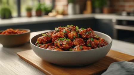A stunning bowl of spicy chicken meatballs topped with fresh herbs, set on a wooden board in a modern kitchen, perfect for showcasing culinary delights and home cooking.の素材