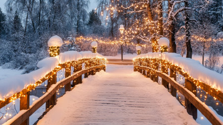 A beautifully decorated bridge shrouded in snow and twinkling lights, creating a magical atmosphere in a tranquil winter landscape, inviting serenity and peace.の素材