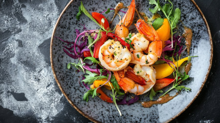 A beautifully arranged shrimp dish featuring succulent shrimp and a medley of colorful vegetables, ideal for showcasing culinary artistry and nutrition.の素材