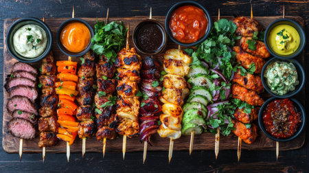 A vibrant platter featuring an assortment of grilled skewers of meat and vegetables, accompanied by various flavorful dips, ideal for cooking enthusiasts and food lovers.の素材