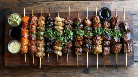 Discover a mouth-watering display of assorted grilled meats on skewers, beautifully arranged with vibrant herbs and accompanied by delicious sauces for dipping.の素材