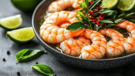This vibrant image features freshly cooked shrimp in a flavorful broth, adorned with herbs and citrus, perfect for inspiring culinary creations and showcasing seafood dishes.の素材