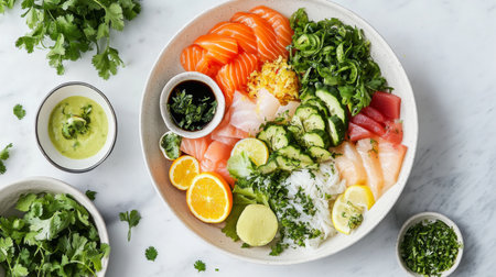 A vibrant sushi bowl featuring assorted fresh fish, crisp vegetables, and fluffy rice, garnished with herbs and citrus for a colorful and healthy dining experience.の素材