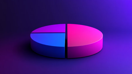 A vibrant 3D pie chart featuring pink and blue segments set against a purple background, perfect for visualizing data analysis and statistics in a modern design.の素材