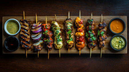 An array of succulent grilled chicken skewers and vibrant vegetables served with a variety of flavorful sauces on a rustic wooden platter, showcasing a delightful culinary presentation.の素材